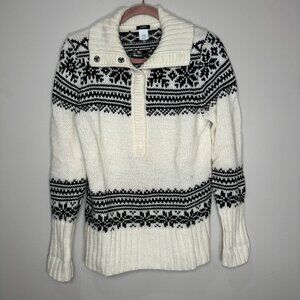 J. Crew Sweater Womens Large White Black Fair Isle Nordic Wool Mohair Snowflake